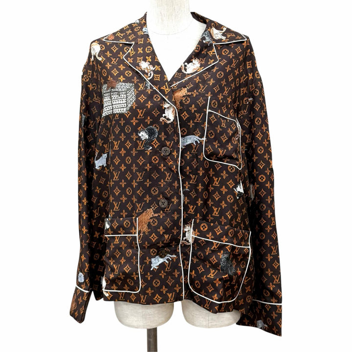 未使用品★LOUIS VUITTON ルイヴィトン シルク100％ モノグラムボタン キャットグラム 長袖シャツ ブラウン 36 イタリア製 正規品