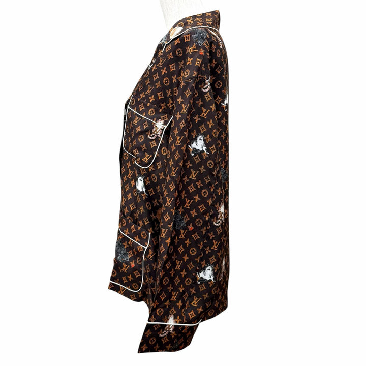 未使用品★LOUIS VUITTON ルイヴィトン シルク100％ モノグラムボタン キャットグラム 長袖シャツ ブラウン 36 イタリア製 正規品