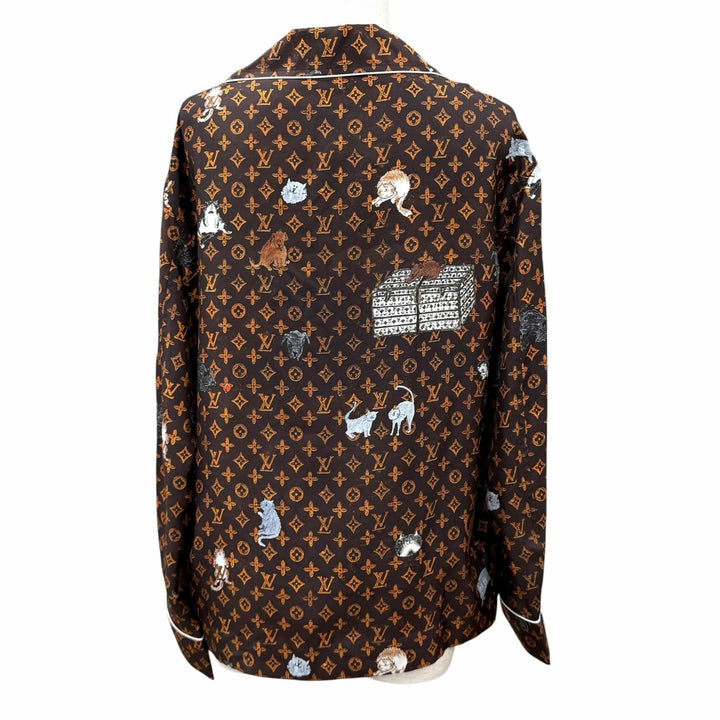 未使用品★LOUIS VUITTON ルイヴィトン シルク100％ モノグラムボタン キャットグラム 長袖シャツ ブラウン 36 イタリア製 正規品
