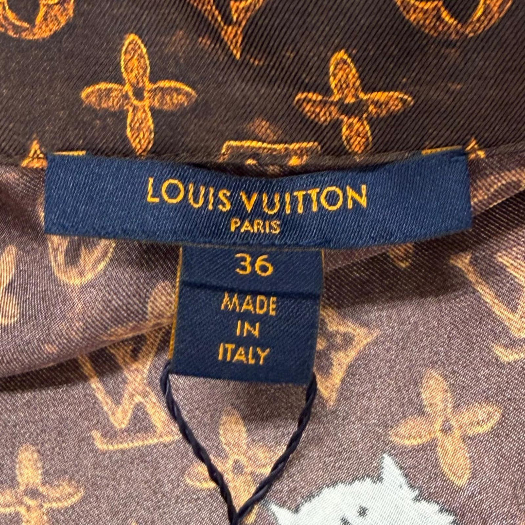 未使用品★LOUIS VUITTON ルイヴィトン シルク100％ モノグラムボタン キャットグラム 長袖シャツ ブラウン 36 イタリア製 正規品