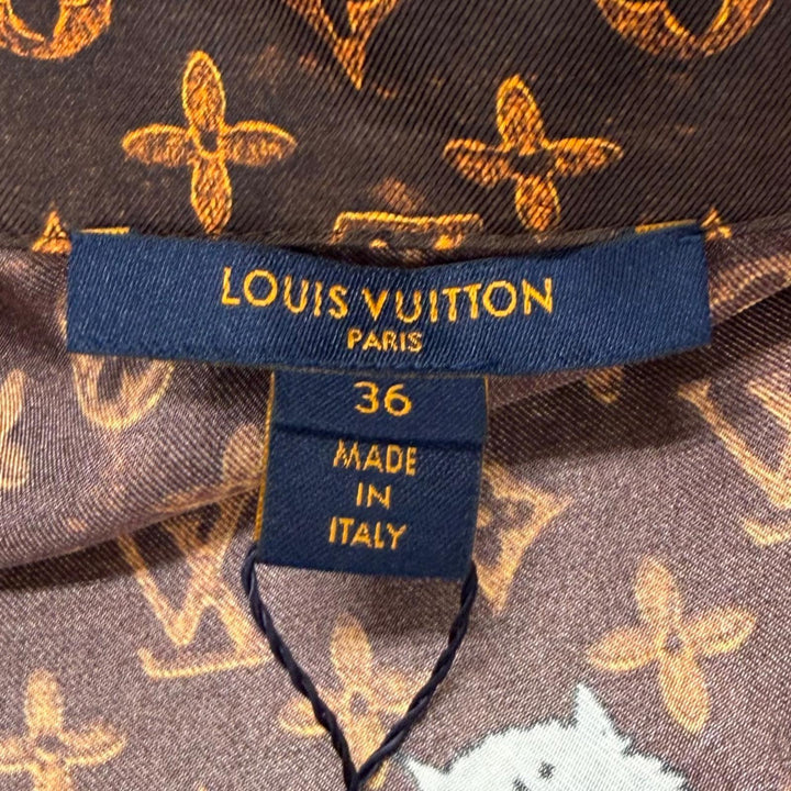 未使用品★LOUIS VUITTON ルイヴィトン シルク100％ モノグラムボタン キャットグラム 長袖シャツ ブラウン 36 イタリア製 正規品