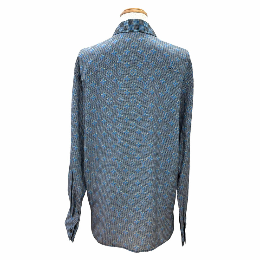 未使用品△LOUIS VUITTON ルイヴィトン シルク100％ 3Dモノグラムプリント ロゴボタン 長袖シャツ ブルー系 34 伊製 正規品 レディース
