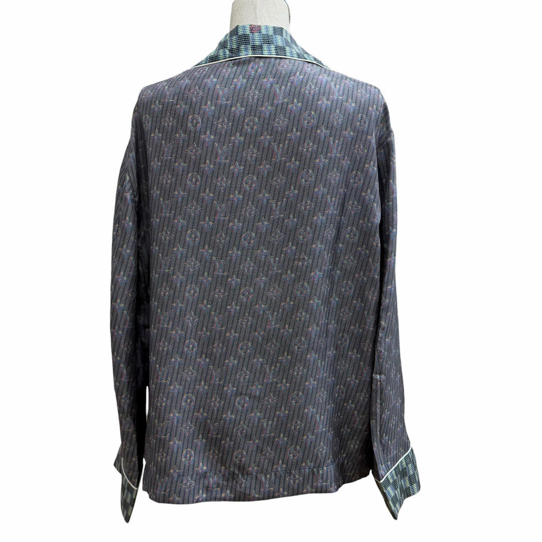 極美品★LOUIS VUITTON ルイヴィトン シルク100％ 3Dモノグラム ロゴボタン付き 長袖シャツ マルチ 36 イタリア製 正規品 レディース