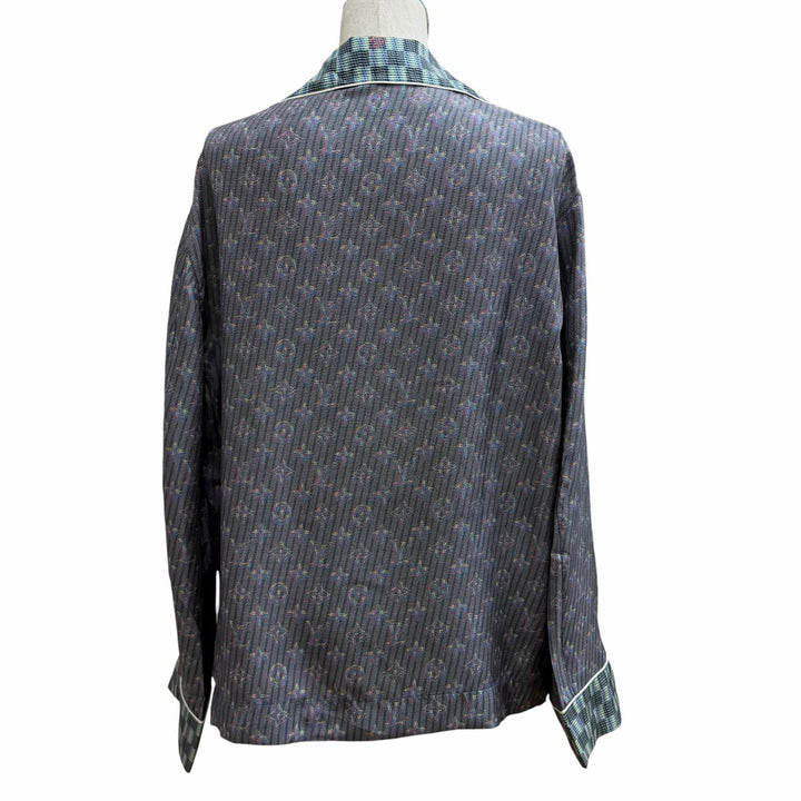 極美品★LOUIS VUITTON ルイヴィトン シルク100％ 3Dモノグラム ロゴボタン付き 長袖シャツ マルチ 36 イタリア製 正規品 レディース