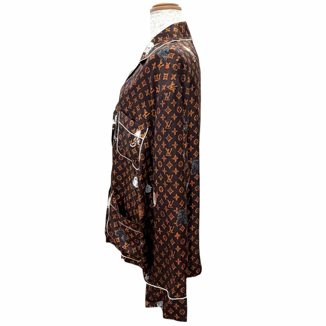 未使用品△LOUIS VUITTON ルイヴィトン シルク100％ キャットグラムプリント ネコ 長袖シャツ ブラウン 42 イタリア製 正規品 レディース