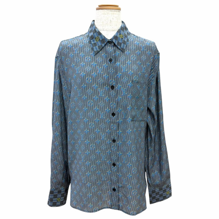未使用品△LOUIS VUITTON ルイヴィトン シルク100％ 3Dダミエモノグラムプリント 長袖シャツ ブルー系 36 イタリア製 正規品 レディース
