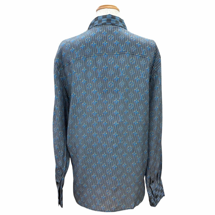未使用品△LOUIS VUITTON ルイヴィトン シルク100％ 3Dダミエモノグラムプリント 長袖シャツ ブルー系 36 イタリア製 正規品 レディース