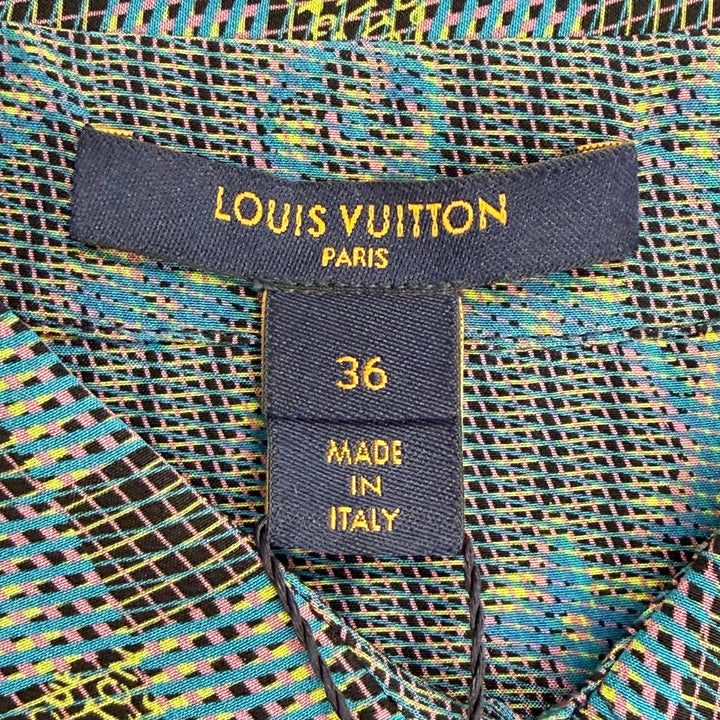 未使用品△LOUIS VUITTON ルイヴィトン シルク100％ 3Dダミエモノグラムプリント 長袖シャツ ブルー系 36 イタリア製 正規品 レディース