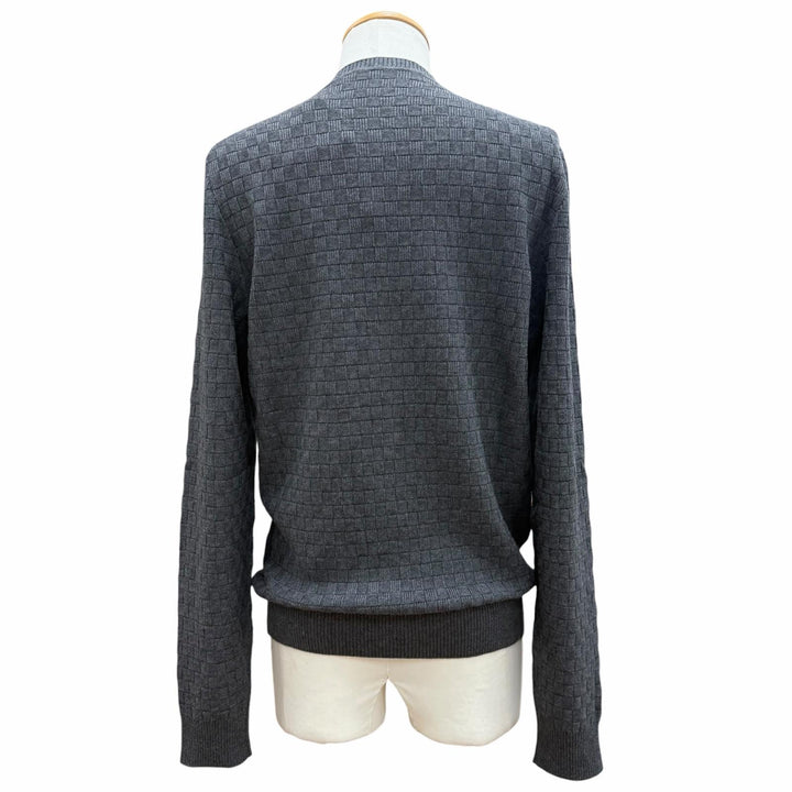 未使用品▼LOUIS VUITTON ルイヴィトン コットン ウール ダミエ レザーパッチ付き クルーネック ニットセーター グレー L 正規品 メンズ