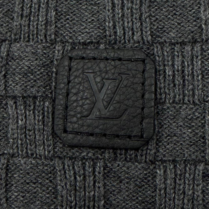未使用品▼LOUIS VUITTON ルイヴィトン コットン ウール ダミエ レザーパッチ付き クルーネック ニットセーター グレー L 正規品 メンズ
