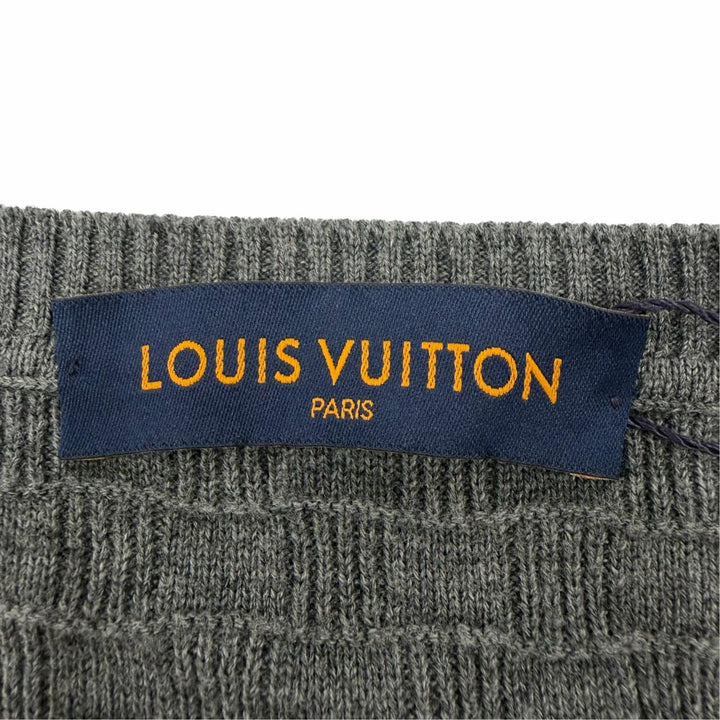 未使用品▼LOUIS VUITTON ルイヴィトン コットン ウール ダミエ レザーパッチ付き クルーネック ニットセーター グレー L 正規品 メンズ