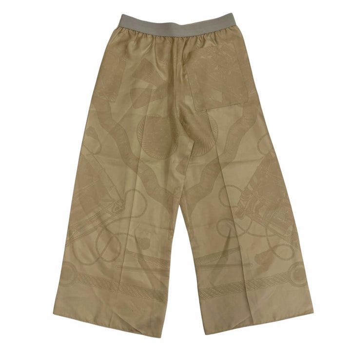 極美品☆HERMES エルメス 3H0440D3 シルク100％ センタープレス 総柄デザイン ワイドパンツ ベージュ 36 フランス製 レディース
