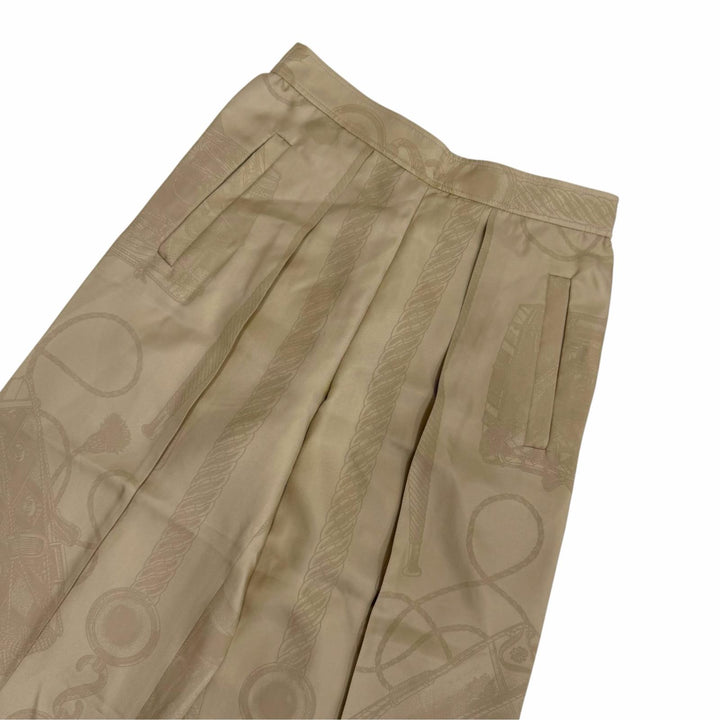 極美品☆HERMES エルメス 3H0440D3 シルク100％ センタープレス 総柄デザイン ワイドパンツ ベージュ 36 フランス製 レディース