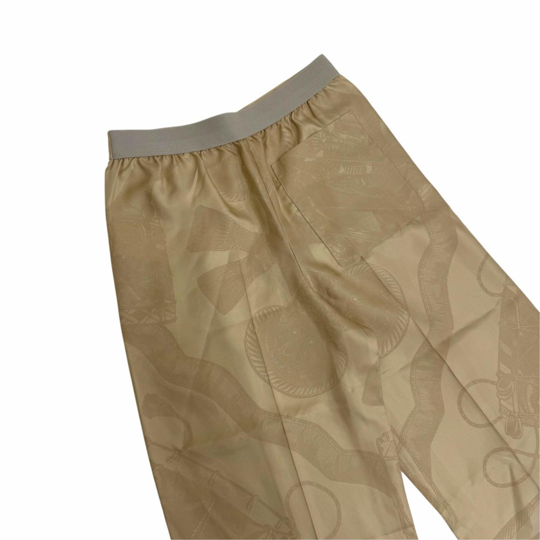 極美品☆HERMES エルメス 3H0440D3 シルク100％ センタープレス 総柄デザイン ワイドパンツ ベージュ 36 フランス製 レディース