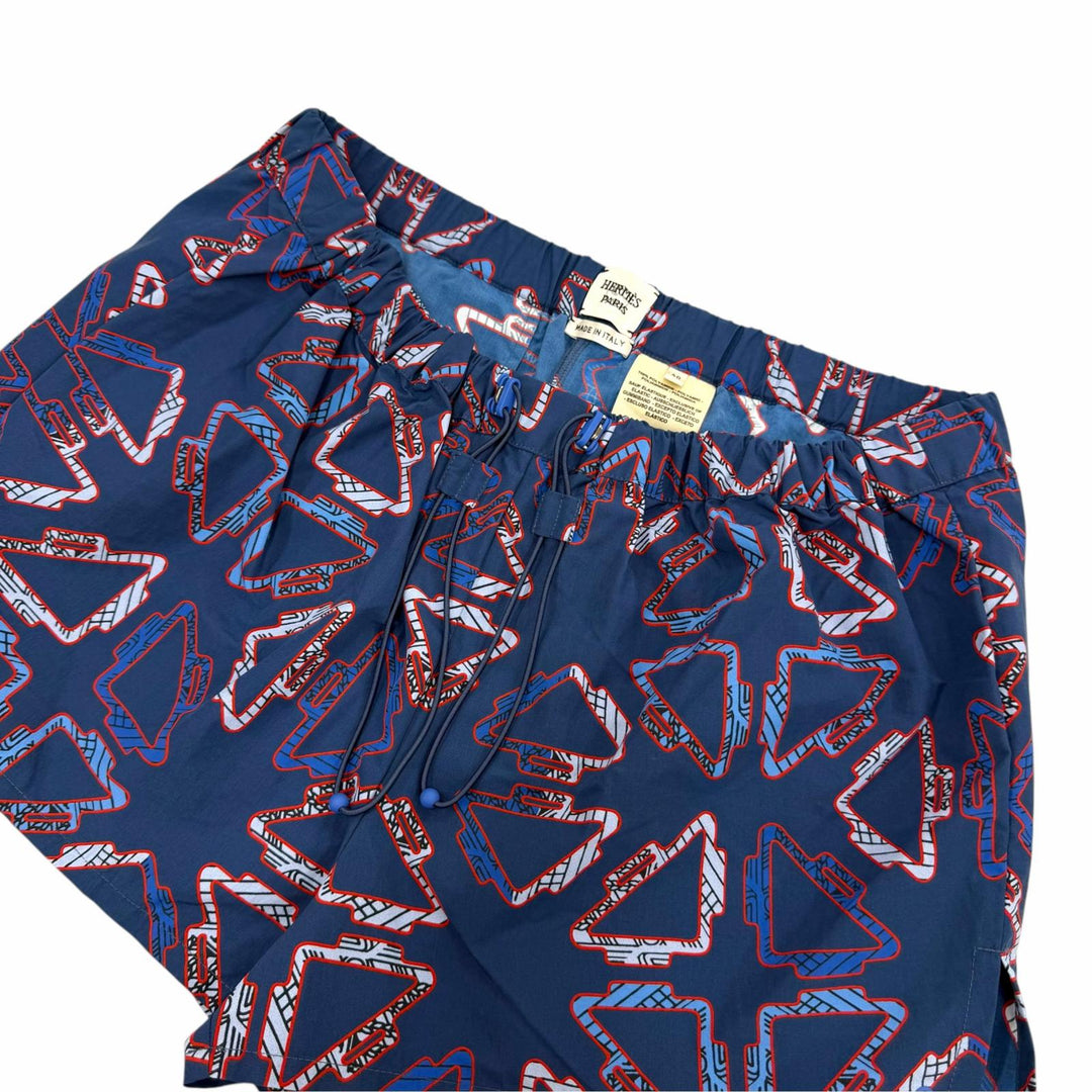 極美品☆HERMES エルメス 2E3404D9 総柄デザイン ウエストゴム・紐 ショートパンツ ネイビー 40 イタリア製 レディース