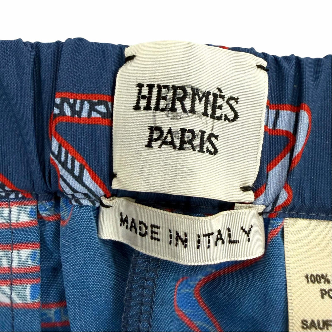 極美品☆HERMES エルメス 2E3404D9 総柄デザイン ウエストゴム・紐 ショートパンツ ネイビー 40 イタリア製 レディース