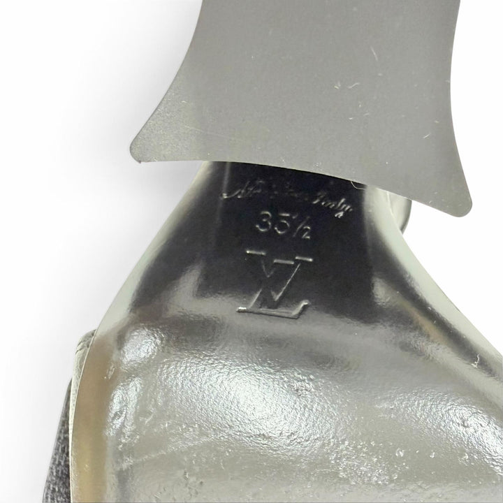 美品☆LOUIS VUITTON ルイヴィトン ステラーライン パテントレザー LVロゴ アンクルストラップ サンダル ブラック 35.5 イタリア製