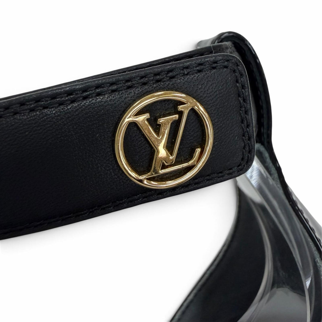 美品☆LOUIS VUITTON ルイヴィトン ステラーライン パテントレザー LVロゴ アンクルストラップ サンダル ブラック 35.5 イタリア製
