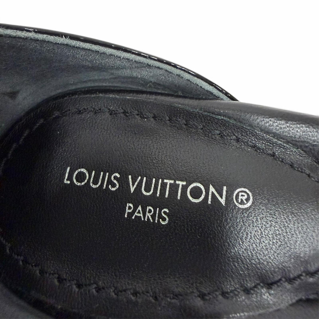 美品☆LOUIS VUITTON ルイヴィトン ステラーライン パテントレザー LVロゴ アンクルストラップ サンダル ブラック 35.5 イタリア製