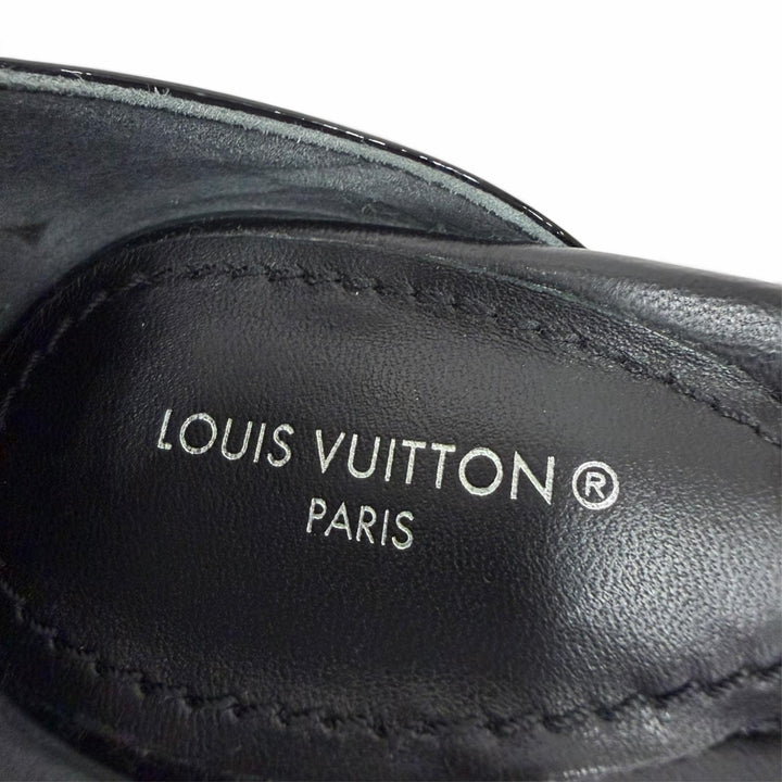 美品☆LOUIS VUITTON ルイヴィトン ステラーライン パテントレザー LVロゴ アンクルストラップ サンダル ブラック 35.5 イタリア製