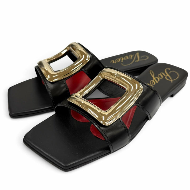 未使用品★ROGER VIVIER ロジェヴィヴィエ NEW METAL BUCKLE MULE レザー フラット サンダル ブラック ゴールド金具 38 箱・保存袋付き