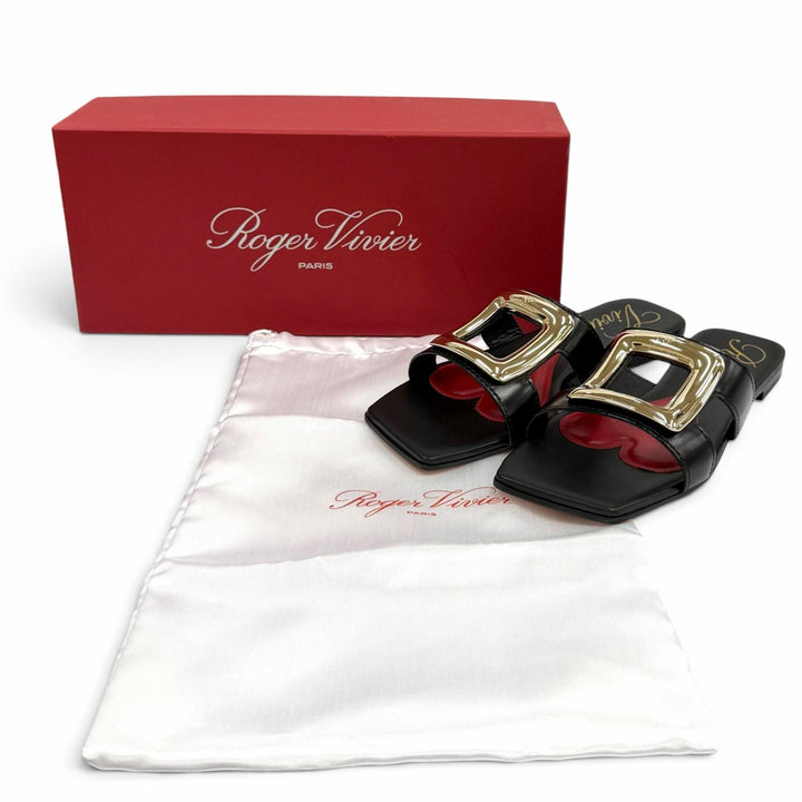 未使用品★ROGER VIVIER ロジェヴィヴィエ NEW METAL BUCKLE MULE レザー フラット サンダル ブラック ゴールド金具 38 箱・保存袋付き