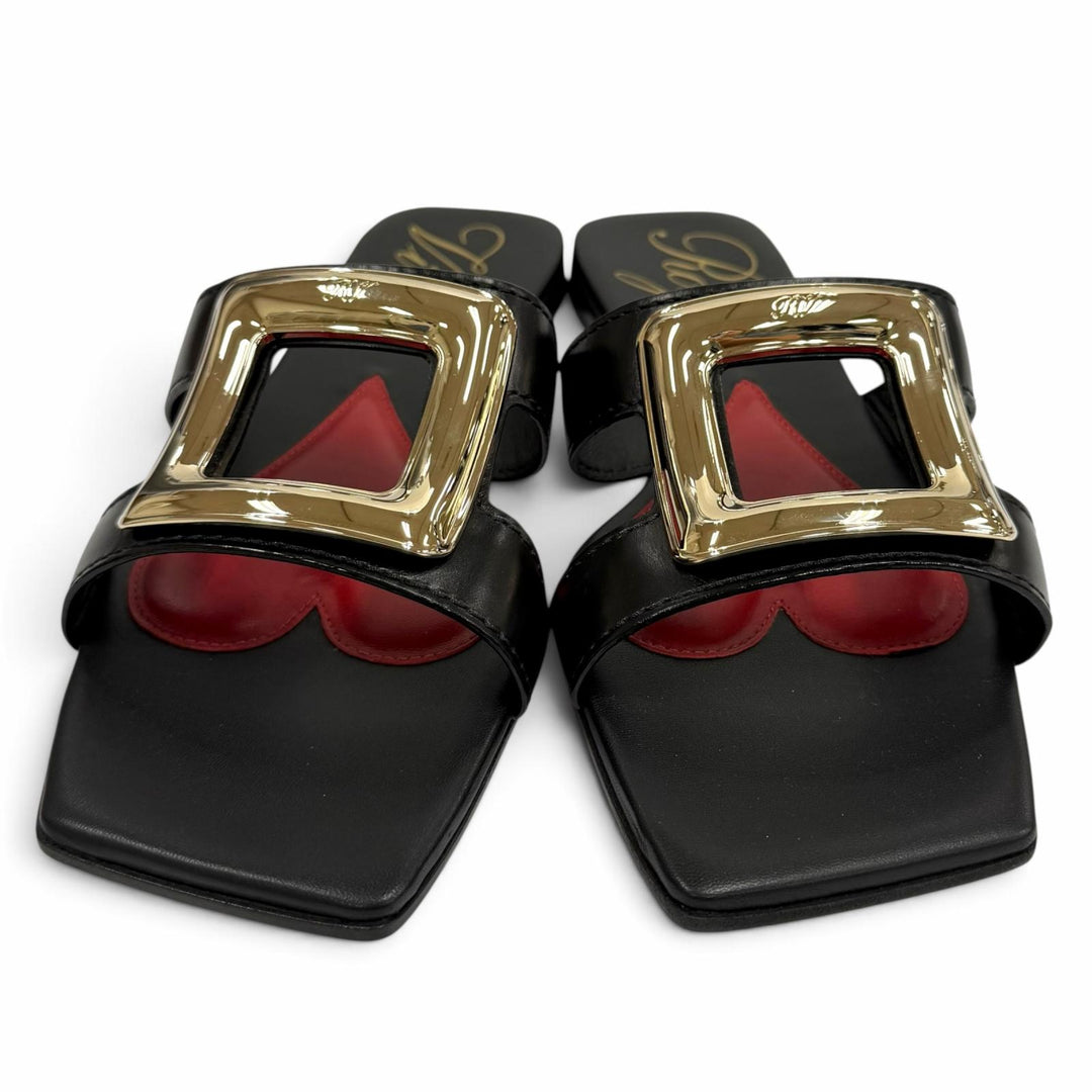 未使用品★ROGER VIVIER ロジェヴィヴィエ NEW METAL BUCKLE MULE レザー フラット サンダル ブラック ゴールド金具 38 箱・保存袋付き