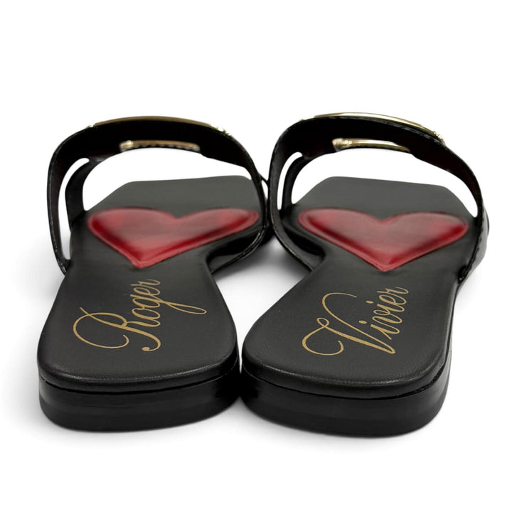 未使用品★ROGER VIVIER ロジェヴィヴィエ NEW METAL BUCKLE MULE レザー フラット サンダル ブラック ゴールド金具 38 箱・保存袋付き