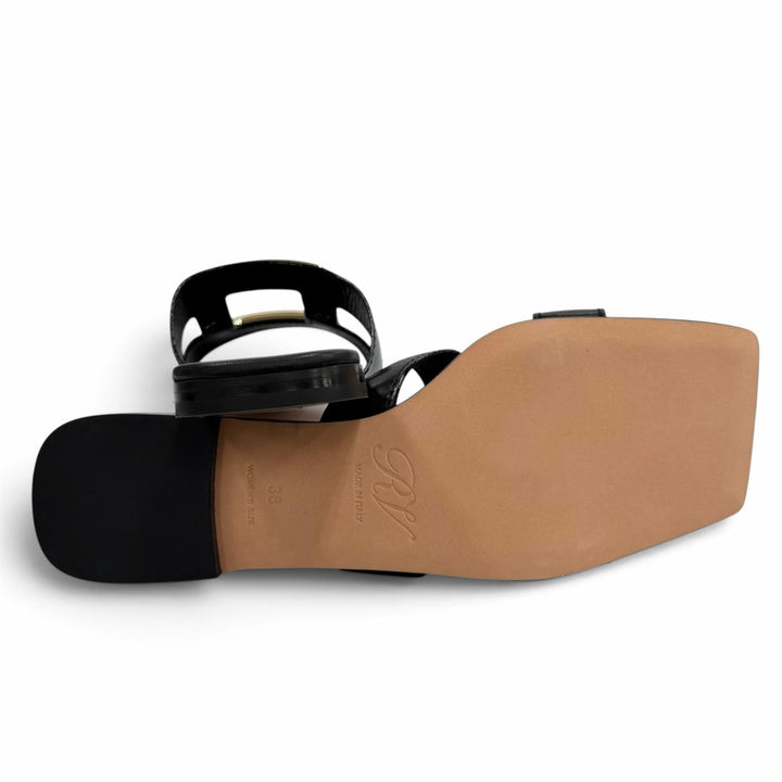 未使用品★ROGER VIVIER ロジェヴィヴィエ NEW METAL BUCKLE MULE レザー フラット サンダル ブラック ゴールド金具 38 箱・保存袋付き