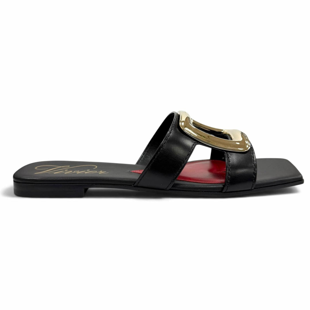 未使用品★ROGER VIVIER ロジェヴィヴィエ NEW METAL BUCKLE MULE レザー フラット サンダル ブラック ゴールド金具 38 箱・保存袋付き