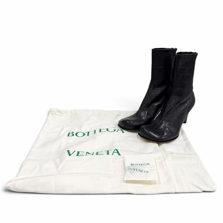 未使用品★BOTTEGAVENETA ボッテガヴェネタ パイソン型押し スクエアトゥ レザー ショートブーツ ブラック 36 イタリア製 保存袋付き