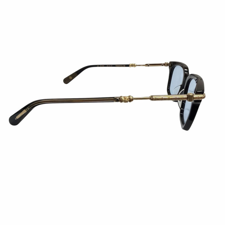 美品□CHROME HEARTS クロムハーツ TRESTICLES 一部SV925 サングラス ブラック ゴールド ブルーレンズ 53□19-151 度なし 日本製 重量33g