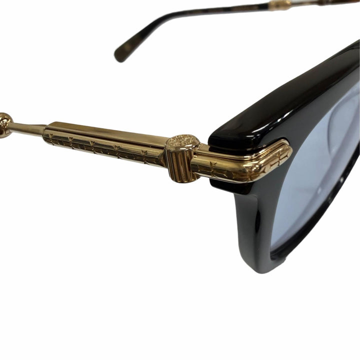 美品□CHROME HEARTS クロムハーツ TRESTICLES 一部SV925 サングラス ブラック ゴールド ブルーレンズ 53□19-151 度なし 日本製 重量33g