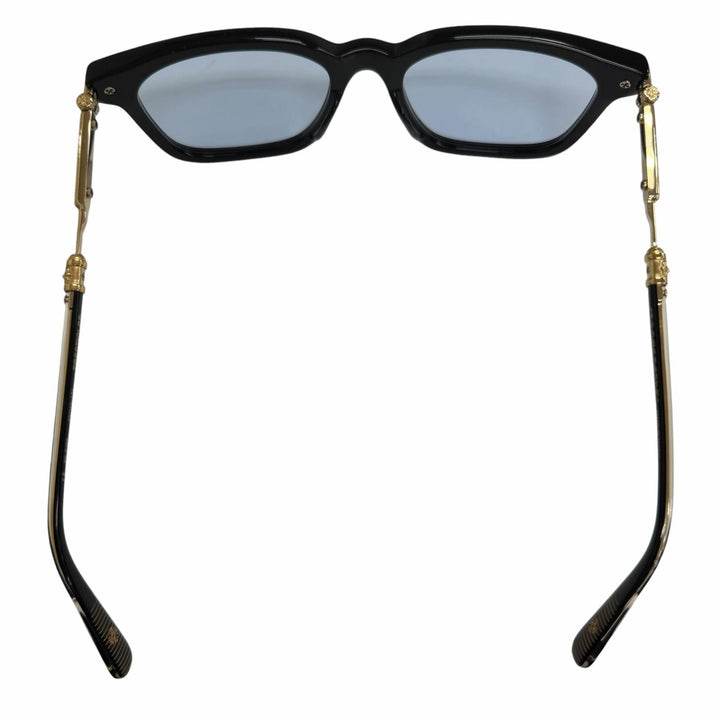 美品□CHROME HEARTS クロムハーツ TRESTICLES 一部SV925 サングラス ブラック ゴールド ブルーレンズ 53□19-151 度なし 日本製 重量33g