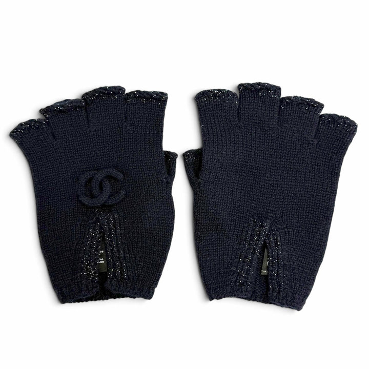極美品△CHANEL シャネル G18 カシミヤ98% ココマーク ラメ フィンガーレス グローブ 手袋 ダークネイビー イギリス製 レディース 箱付き