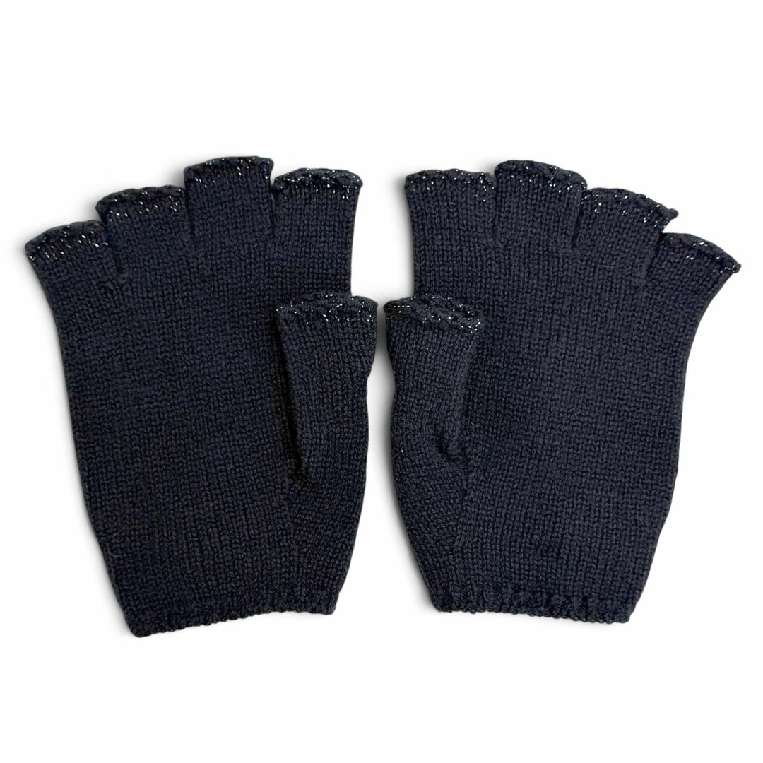極美品△CHANEL シャネル G18 カシミヤ98% ココマーク ラメ フィンガーレス グローブ 手袋 ダークネイビー イギリス製 レディース 箱付き
