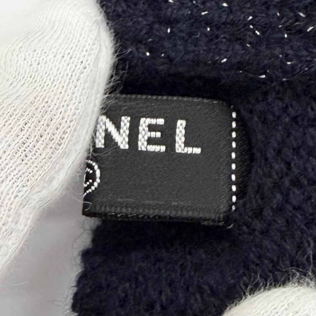 極美品△CHANEL シャネル G18 カシミヤ98% ココマーク ラメ フィンガーレス グローブ 手袋 ダークネイビー イギリス製 レディース 箱付き