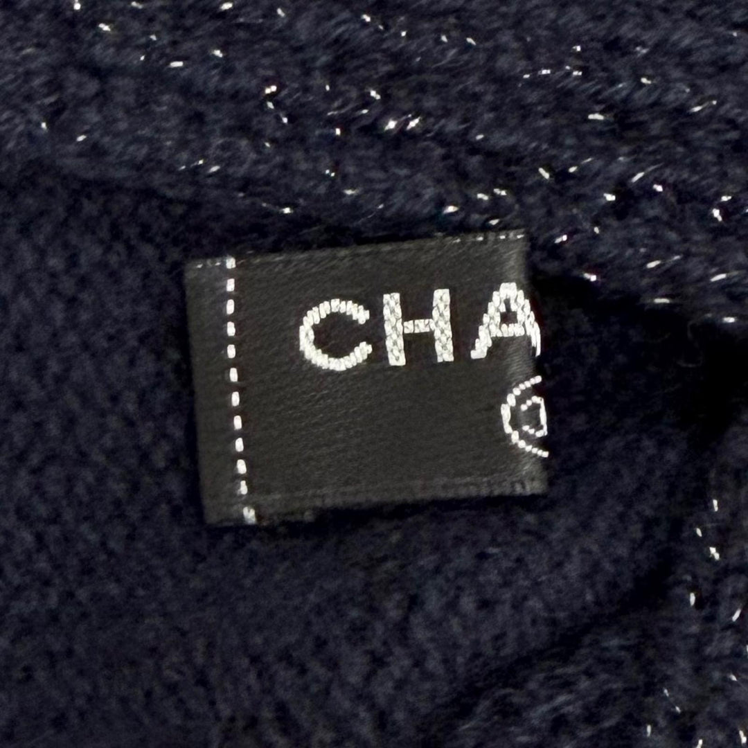 極美品△CHANEL シャネル G18 カシミヤ98% ココマーク ラメ フィンガーレス グローブ 手袋 ダークネイビー イギリス製 レディース 箱付き