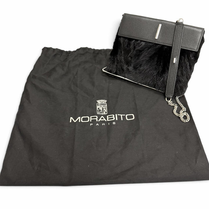 極美品□MORABITO モラビト Vendome Bis Pochette ヴァンドームビス・ポシェット レザー ミンク ショルダーバッグ ブラック イタリア製