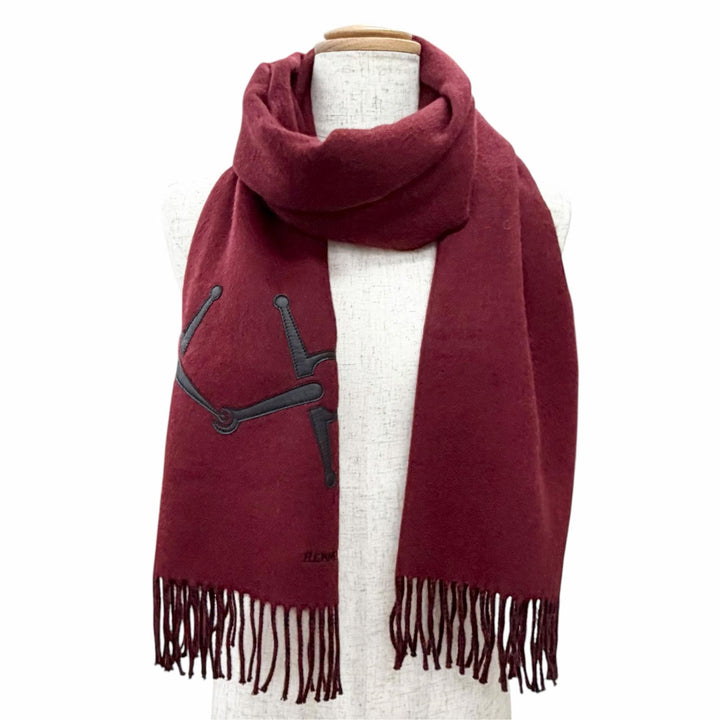 極美品△HERMES エルメス カシミヤ100％ ロゴ刺繍 ホースビット ハミ モチーフレザーパッチ フリンジ マフラー ボルドー ブラック 正規品
