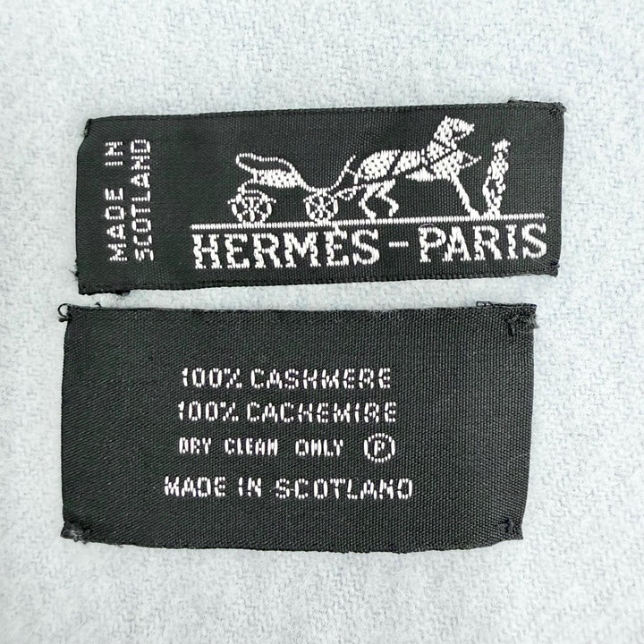 美品△HERMES エルメス カシミヤ100％ ロゴ刺繍 大判 ショール ストール マフラー ショール ライトブルー スコットランド製 レディース