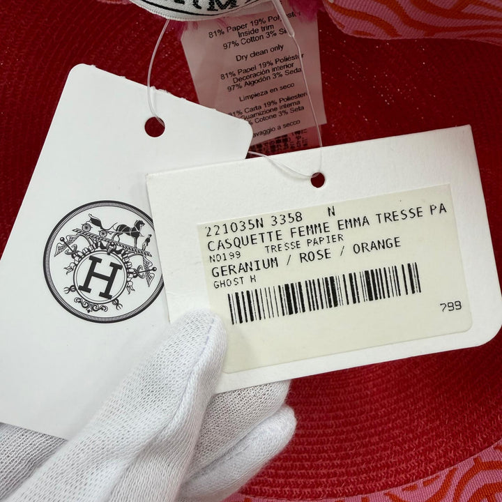 未使用品☆HERMES エルメス EMMA エマ ゼラニウム/ローズ/オレンジ セリエ金具 麦わら帽子 ハット 58 イタリア製 正規品 レディース