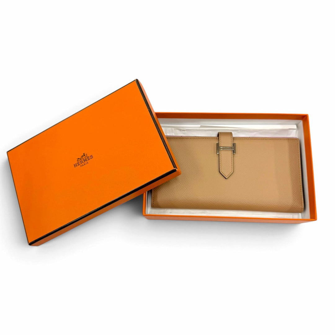 極美品☆HERMES エルメス ベアンスフレ ヴェルソ ヴォーエプソン チャイ モーヴシルベストル シルバー金具 長財布 U刻印 仏製 箱付