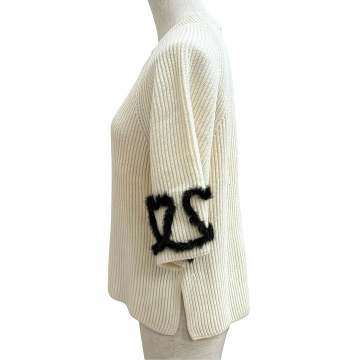 極美品★FENDI フェンディ FZY681 ウール カシミヤ混 ミンク使い ハイネック 半袖ニット アイボリー ブラック 42 イタリア製 正規品
