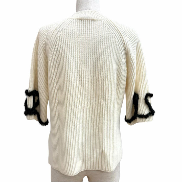 極美品★FENDI フェンディ FZY681 ウール カシミヤ混 ミンク使い ハイネック 半袖ニット アイボリー ブラック 42 イタリア製 正規品