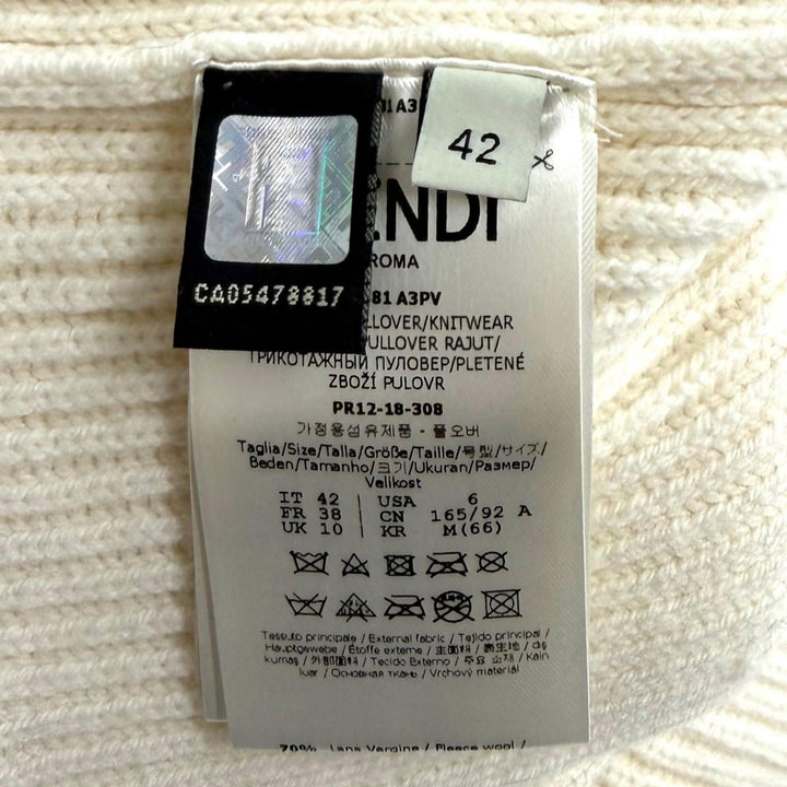 極美品★FENDI フェンディ FZY681 ウール カシミヤ混 ミンク使い ハイネック 半袖ニット アイボリー ブラック 42 イタリア製 正規品