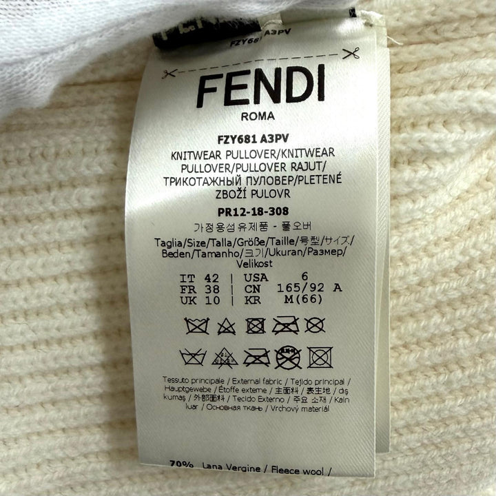極美品★FENDI フェンディ FZY681 ウール カシミヤ混 ミンク使い ハイネック 半袖ニット アイボリー ブラック 42 イタリア製 正規品