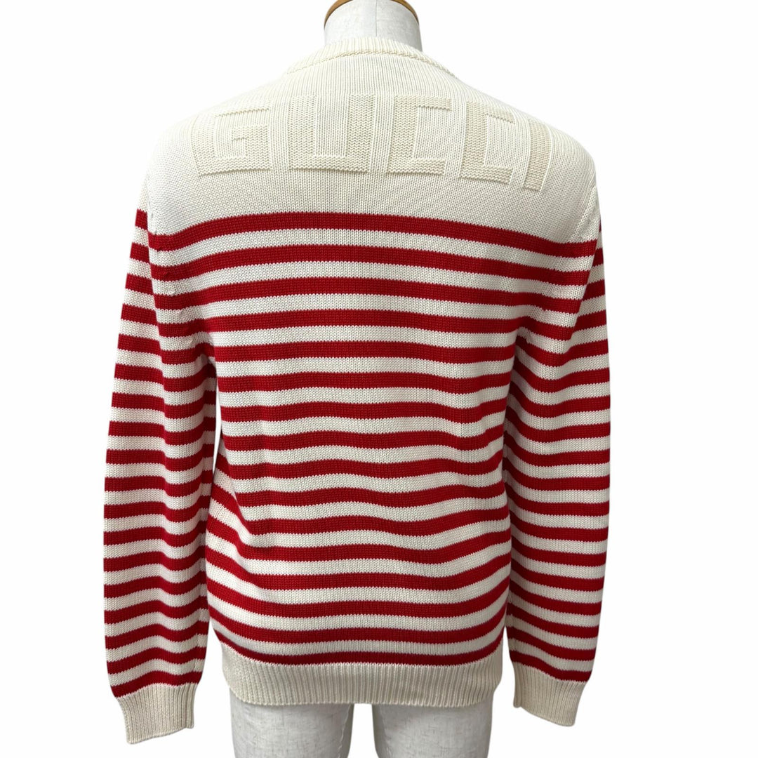 未使用品□GUCCI グッチ 23SS 740585 バックロゴ ボーダー柄 長袖ニット セーター アイボリー レッド S イタリア製 正規品 メンズ 箱付き
