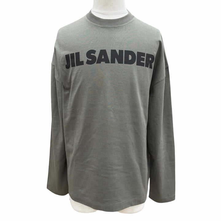 美品▼JIL SANDER ジルサンダー J22GC0136 コットン ロゴプリント クルーネック ロングスリーブ 長袖Ｔシャツ カーキ S 正規品 メンズ