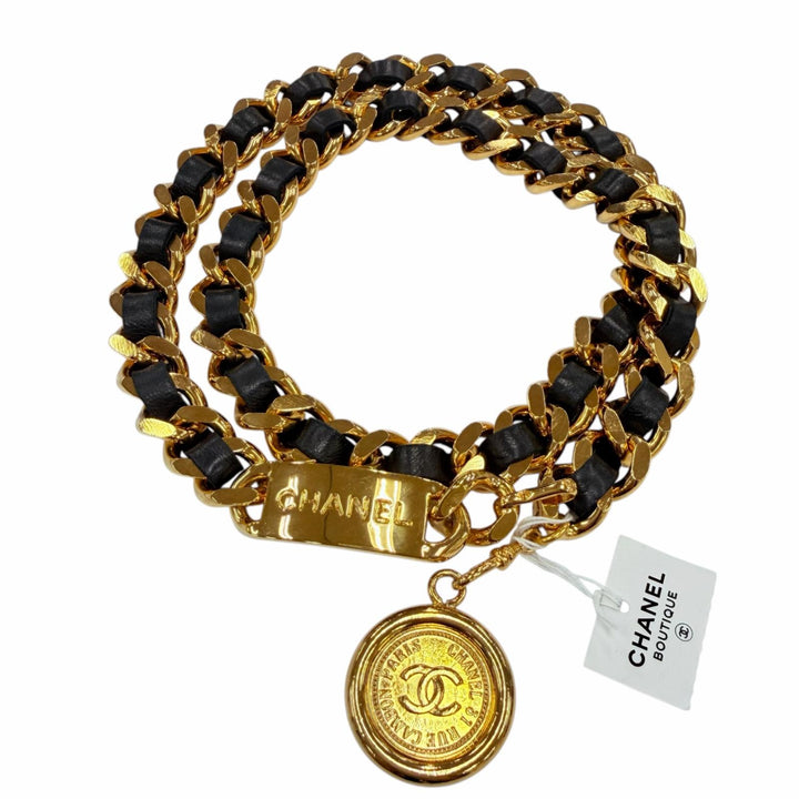未使用品☆CHANEL シャネル ヴィンテージ メタル ロゴ・ココマーク コイン レザー使い チェーン ベルト ゴールド ブラック 箱付